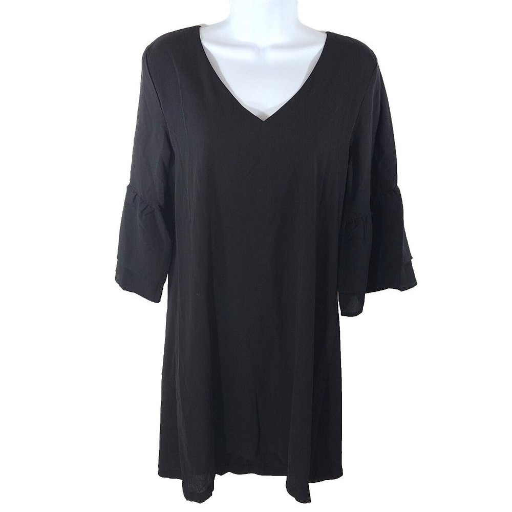 Belongsci Womens V-Neck Bell Sleeve Shift Mini Dress Size S Black 8817 Zip Back